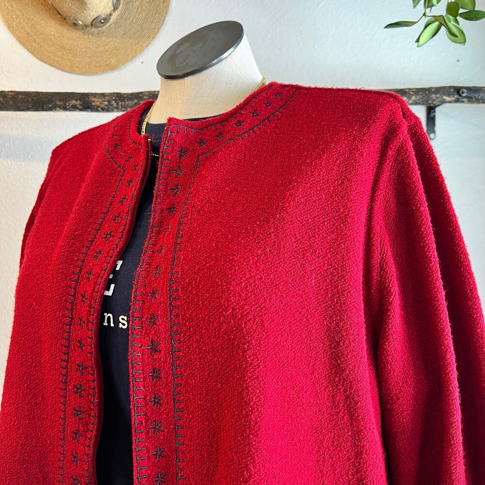 Vintage 90s Soft Red Zip Up Floral Embroidered Cardigan Sweater Size XL